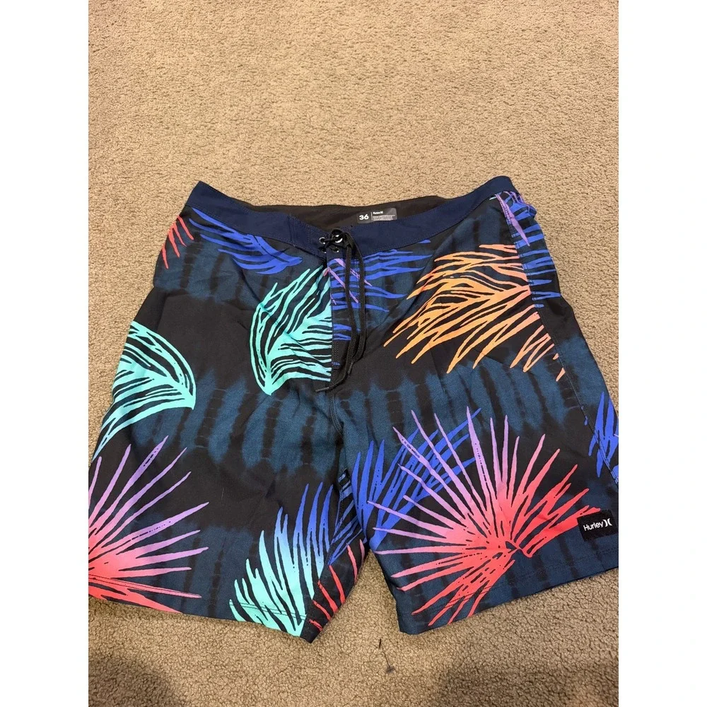 Hurley Redondo 20 Mens Board Shorts 36 Black Multicolor Palm Leaf Tropical Beach